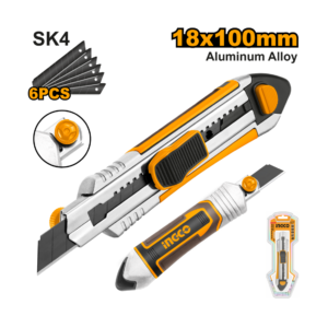 ESTILETE ALUMINIO BOTAO CHATO C/6 LÂMINAS SK4 18X100MM INGCO HKNS1808