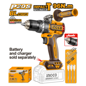 PARAFUSADEIRA E FURADEIRA COM IMPACTO 1/2” 96.m ÍON-LÍTIO 20V + CONJUNTO DE BROCAS CHATAS INGCO CIDLI209685 (NAO ACOMPANHA BATERIA)