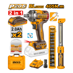 COMBO CHAVE DE IMPACTO ENCAIXE SEXTAVADO 1/2” 405N.m À BATERIA ÍON-LÍTIO 20V C/2 BAT 2.0Ah + LAMPADA DE TRABALHO LED 3,6B + JG SOQ DE IMPACTO C/10PC + ADAPT 1/2" PARA 1/4" +  JG C/10 BITS 65MM INGCO COSLI23056-9