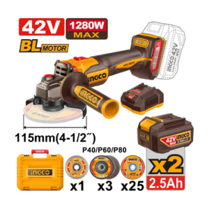 ESMERILHADEIRA ANGULAR BRUSHLESS INDUSTRIAL 4.1/2" 1280W À BATERIA 42V INGCO C/2 BAT 2.5A.h INGCO CAGLI4128112-9