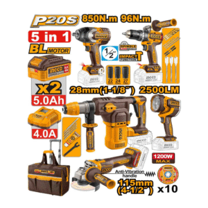 COMBO PARAFUSADEIRA 96N.m+CHAVE IMPACTO 850N.m+ESMERILHADEIRA 4.1/2" 1200W+MARTELETE 4.5J+LANTERNA REFLETORA 2500LM+BOLSA C/2 BAT 5.0Ah INGCO COSLI251193