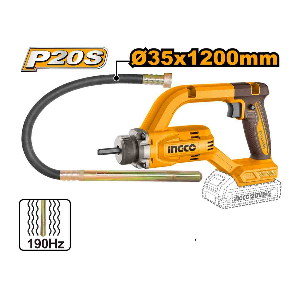 VIBRADOR DE CONCRETO COM MANGOTE 35X1200MM À BATERIA 20V INGCO (NAO ACOMPANHA BATERIA) CCVLI202502