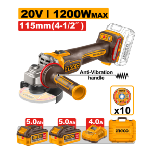 ESMERILHADEIRA ANGULAR BRUSHLESS INDUSTRIAL 4.1/2" 1200W À BATERIA 20V C/2 BAT 5.0A.H INGCO CAGLI2120252-9