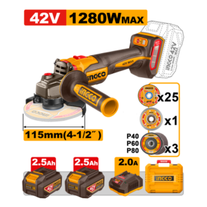 ESMERILHADEIRA ANGULAR BRUSHLESS INDUSTRIAL 4.1/2" 1280W À BATERIA 42V INGCO COM 2 BATERIAS 2.5A.H CAGLI4128112-9