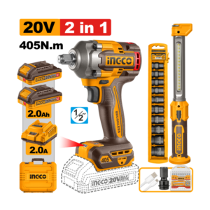 COMBO CHAVE DE IMPACTO ENCAIXE SEXT. 1/2” 405N.M À BATERIA ÍON-LÍTIO 20V COM 2 BATERIA 2.0AH + LÂMPADA DE TRABALHO LED 3,6B + JOGO SOQUETE DE IMPACTO COM 10 IMPACTO+ ADAPTADOR COSLI23056-9
