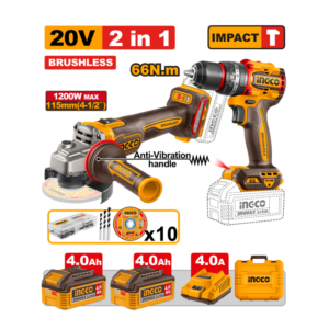COMBO PARAFUSADEIRA 66N.M + ESMERILHADEIRA 4.1/2" 1200W COM 2 BATERIAS DE 4.0AH + JOGO DE BROCA + JOGO 10 DISCOS DE CORTE CKLI20256-9