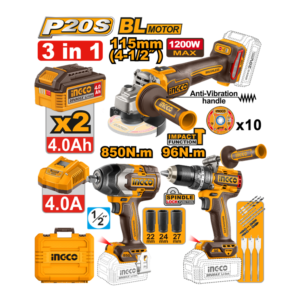 COMBO PARAFUSADEIRA 96N.M+CHAVE IMPACTO 850N.M+ESMERILHADEIRA 4.1/2"+CHAVE IMPACTO 850N.M+ESMERILHADEIRA 4.1/2" 1200W COM 2 BATERIAS 4.0AH COSLI251292-9